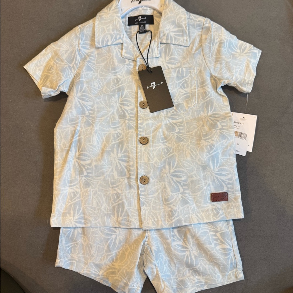 Light Blue Leaf Print Boys Matching Set